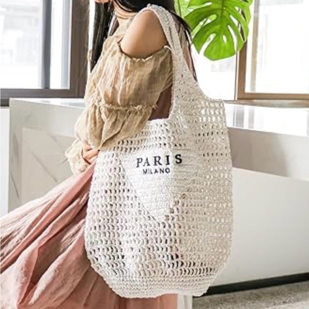 Summer In Paris White Linen Beach Travel Woven Tote Bag, Natural Tote